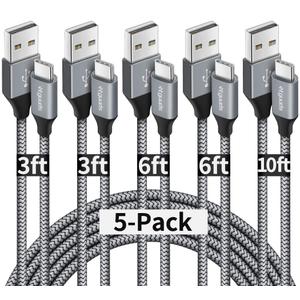 etguuds USB A to USB C Cable 5-Pack (3/3/6/6/10 ft), Fast Charging Type C Charger Cord for iPhone 17 16 15 Pro Max Plus Air, Samsung Galaxy S25 S24 S23 S22 S21 S20 A56 A17 A16, Pixel, Moto G, Gray