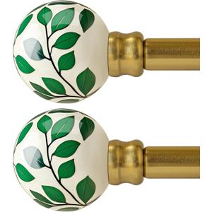 Ceramic Curtain Rods Gold Set of 2 for Windows 28 to 48 Inches Adjustable Length Duty 1" Diameter Window Curtain Rod with Modern Green Leaf Pattern Decorative Finials for Bedroom Living Room Kitchen