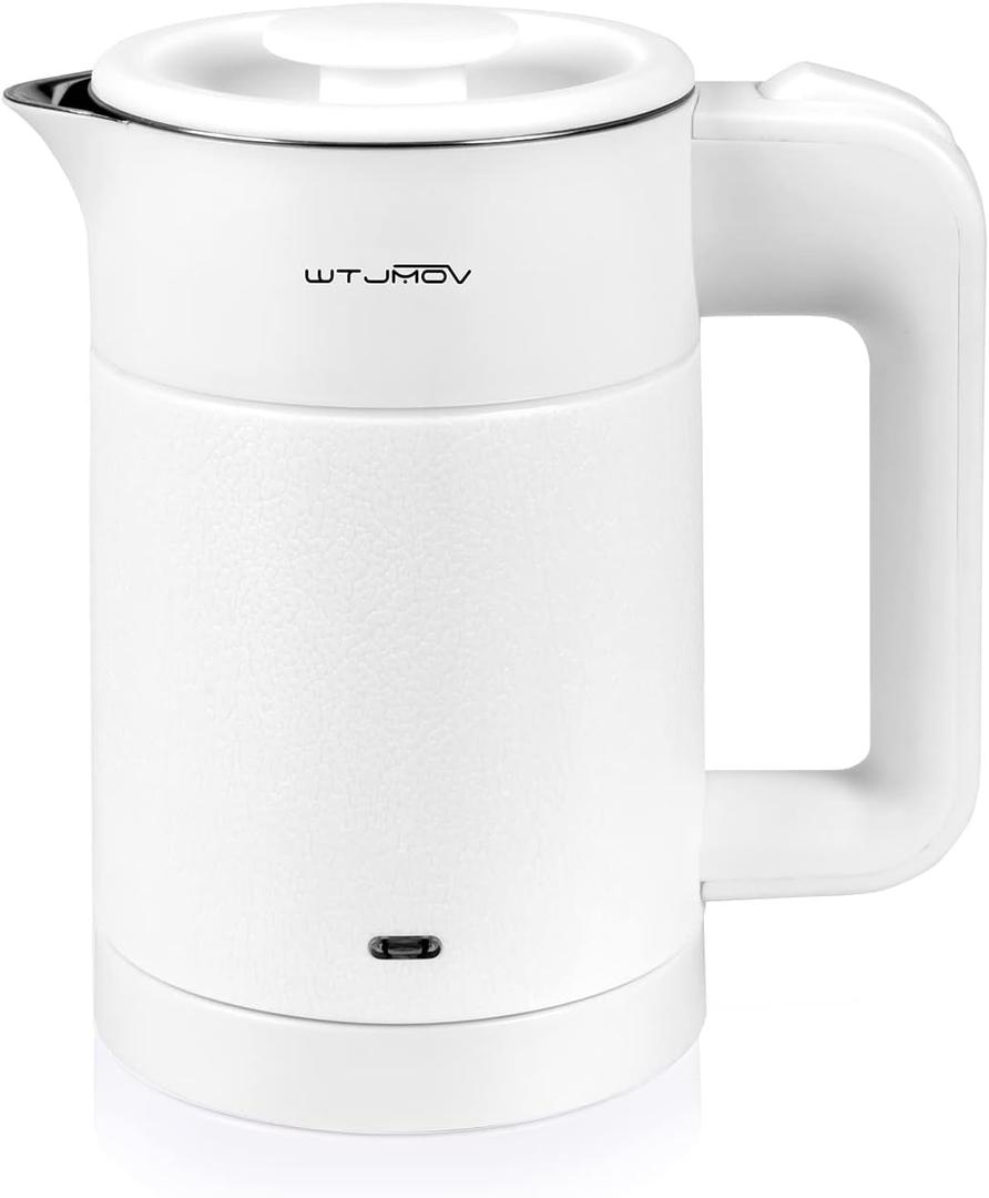 0.6L Small Electric Tea Kettle Lightweight, 20 Ounce Double Wall Hot Water Boiler Stainless Steel Auto Shut-off, 120V Portable Travel Electric Kettle Fast Boil for Tea and Coffee,White
