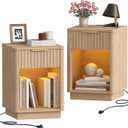 Akxomel Fluted Nightstands Set of 2, Wooden Night Stand with Charging Station and LED Light, Modern Mid Century Bed Side End Table with Drawer, 15" D x 15.7" W x 22.6" H, for Bedroom, Natural Oak