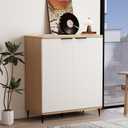 Sideboard Cabinet with Storage and Accent Flute Coffee Bar Console Entryway Cabinet in White and Natural for Kitchen and Dining Room and Living Room (1 pc)