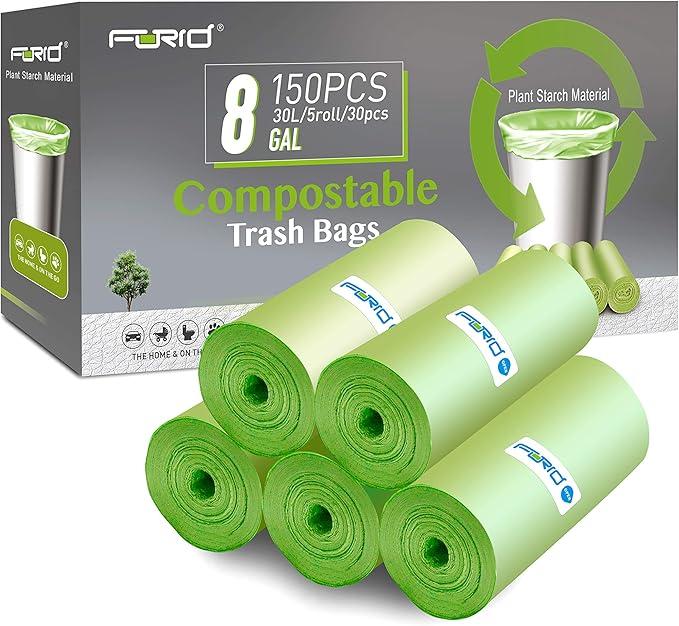 Compostable Trash Bags  FORID 8 Gallon Garbage Bags 150 Count Trash Can Liners 30 Liter Unscented Medium Wastebasket Bags for Kitchen Bathroom Home Office Garbage Can (5Rolls/Green)  Durable & Thick