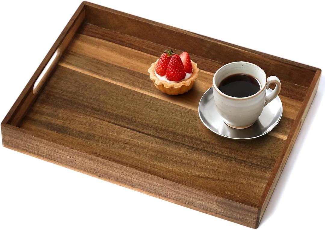 Acacia Wood Serving Tray with Handles, 17 Inch Wooden Tray for Ottoman, Breakfast, Lunch, Dinner, Decorative Rectangular Tray for Living Room, Kitchen Counter, Outdoor