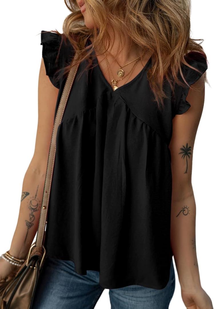 Dokotoo Womens Summer Tops Cute V Neck Ruffle Cap Sleeve Babydoll Blouses Shirts (Large, Black)