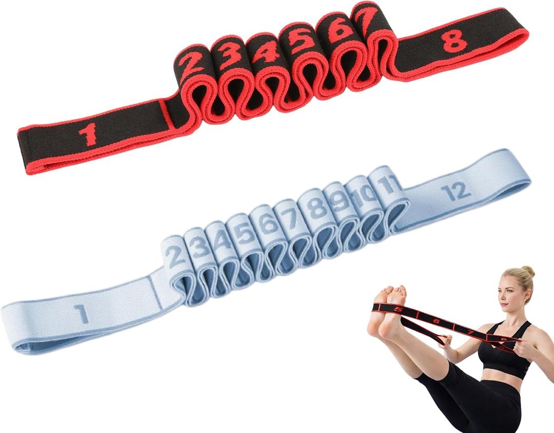 2 x Resistance Bands for Stretching, 8 & 12 Loop Stretch Strap Set, Numbered Yoga & Physical Therapy Bands for Flexibility, Pilates & Full Body Workout (35" & 51")