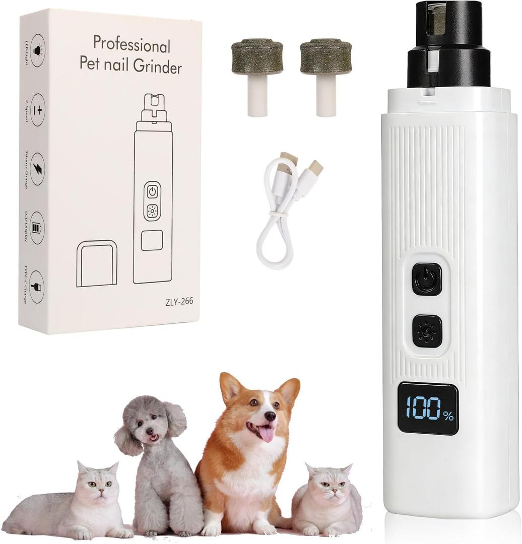 Cat Nail - Safe Cut Cat Nail Trimmer with Three Grinding Heads, Pet Nail Clippers with Light, Two Adjustable with 360 Grinding Settings, Ultra-Quiet, for All Cats  Dogs (White)