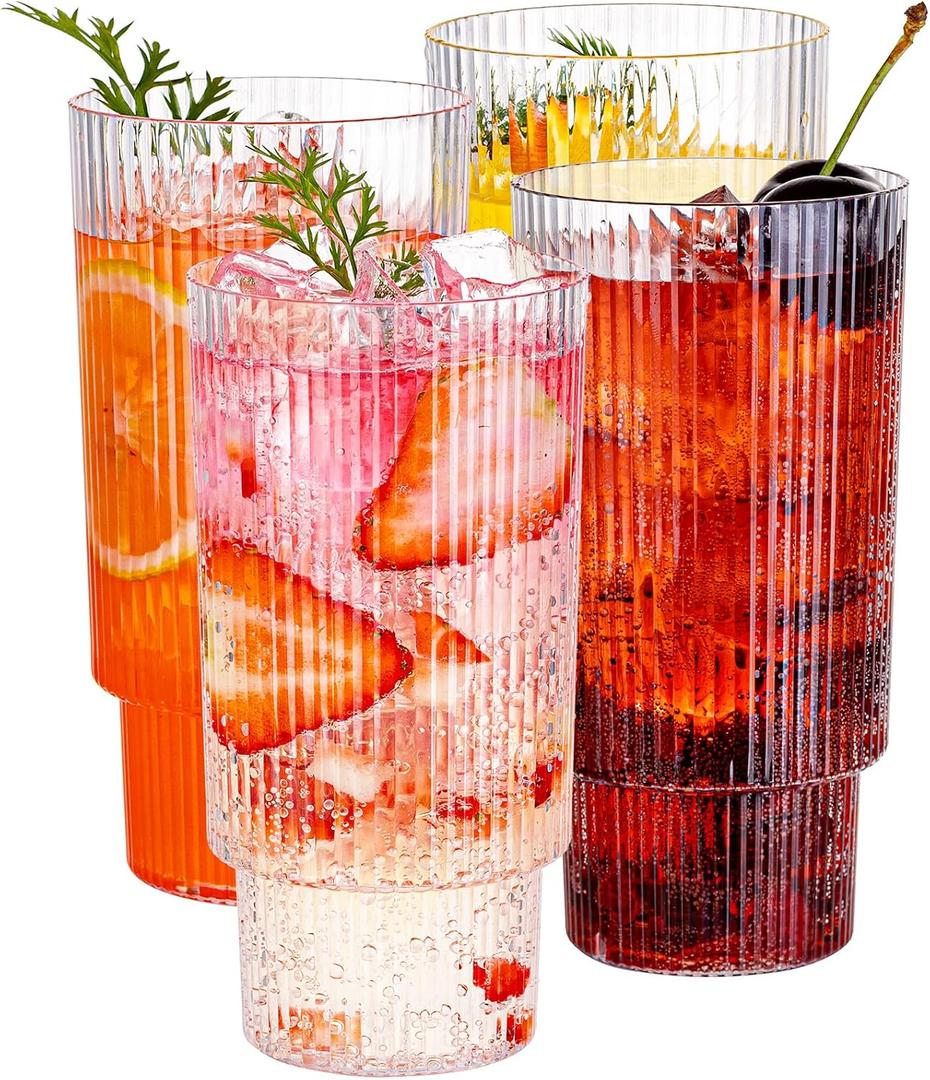 Hioasis 4PCS Clear Plastic Cups - 14OZ Plastic Ribbed Drinking Glasses, Reusable,BPA-free Tumbler Cups for Hold Beer, Iced Coffee, Juice Whiskey