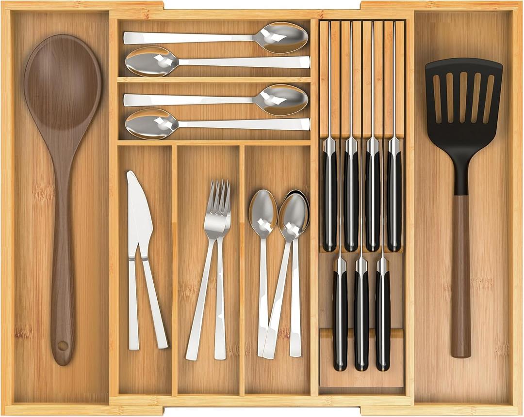 Thalomely Bamboo Kitchen Drawer Organizer, Expandable Silverware Organizer with Removable Knife Block, 6-8 Slots- Utensil Holder & Cutlery Tray Drawer Dividers, 2.36" Deep for Extra Capacity, Natural