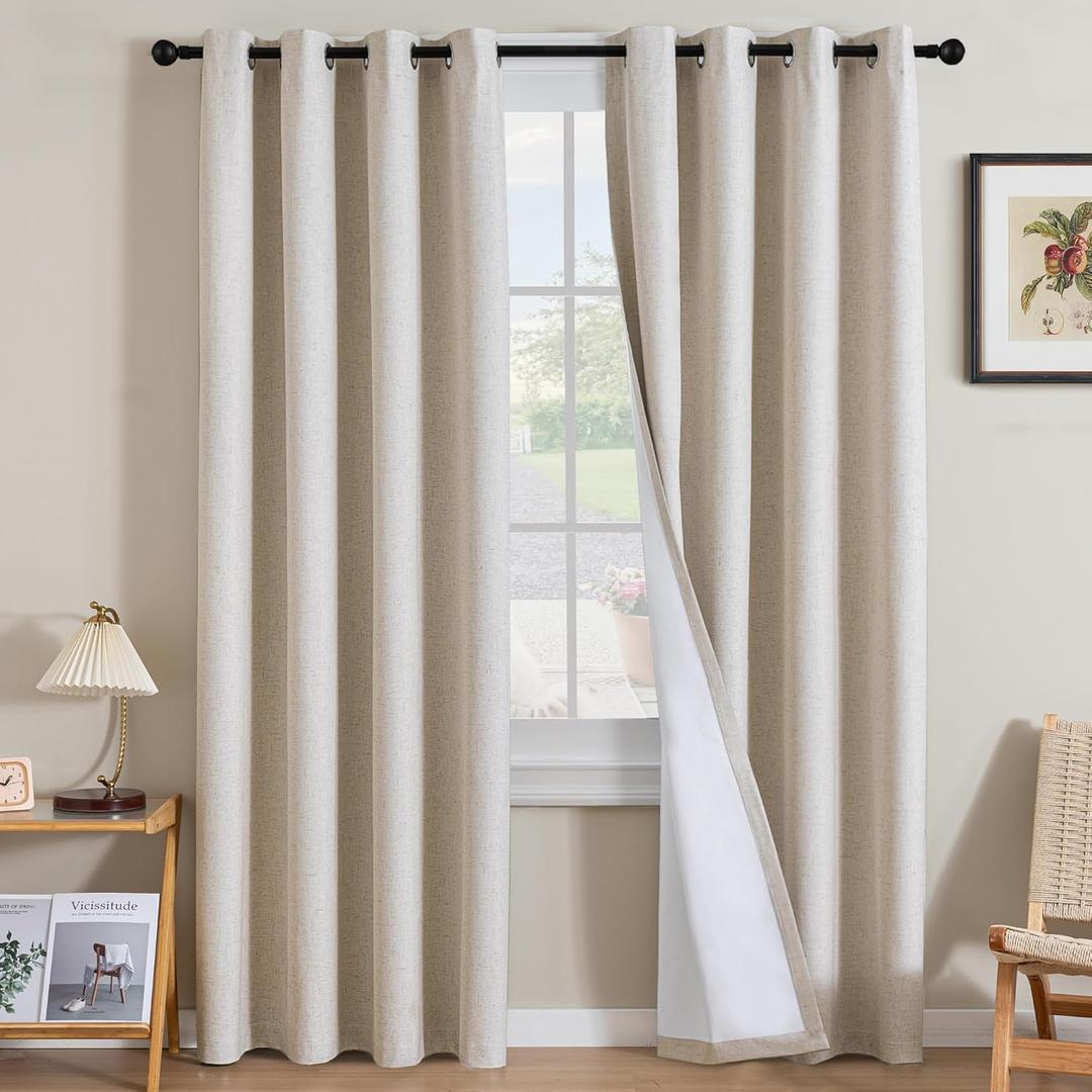 H.VERSAILTEX Linen Curtains 100% Blackout Curtains for Bedroom 96 inch Long Full Light Blocking Nature Linen Blended Window Curtains for Living Room Nickel Grommet (2 Panels, Heathered Natural), Size: 52"W x 96"L 