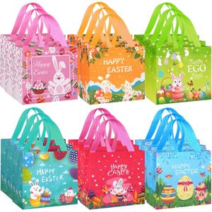 18 Pack Easter Gift Bags, Non-Woven Reusable Easter Bags with Handles - Bunny & Egg Cartoon Treat Bags for Easter Egg Hunt, Kids Easter Basket, Candy Goodie Bag, Easter Party Favors, 7.9x5.9x7.9 inch