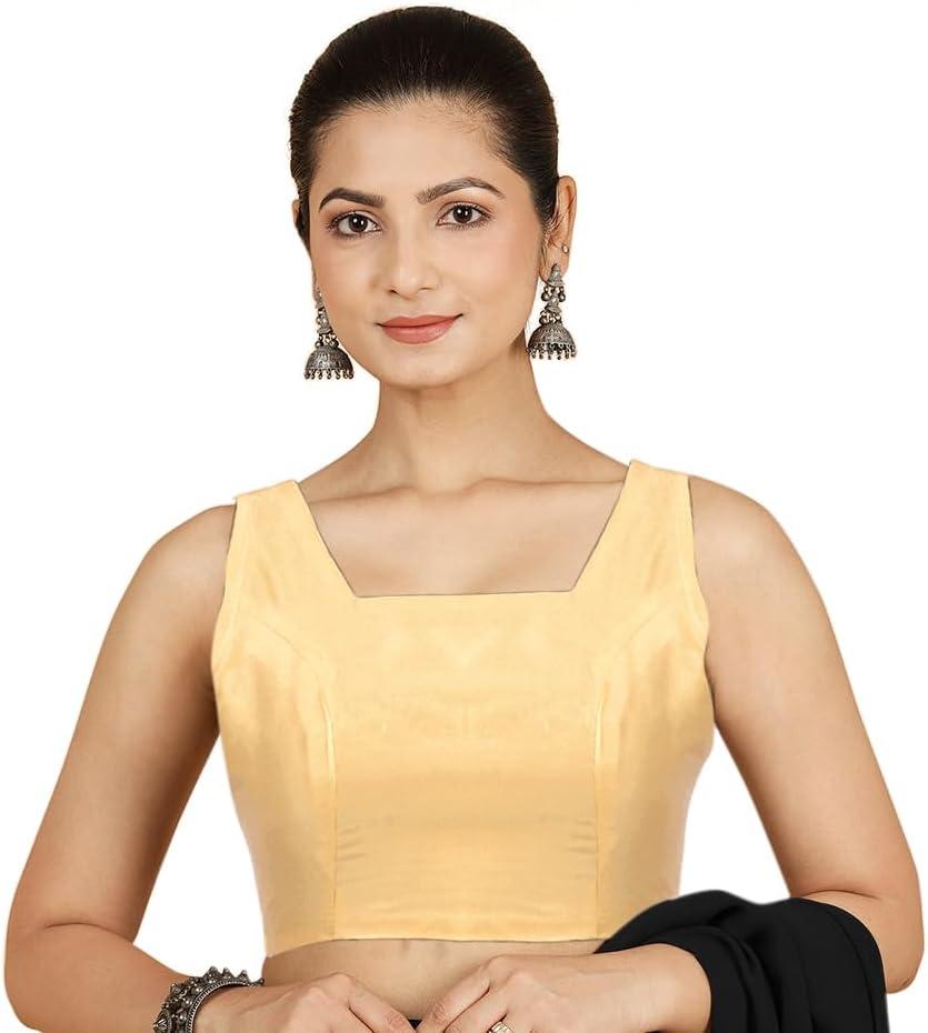 Chandrakala Sleeveless Stretchable Blouses for Women Sarees with Back Side Elastic, Readymade Crop top Choli (B221-P) (Size Small, Gold)