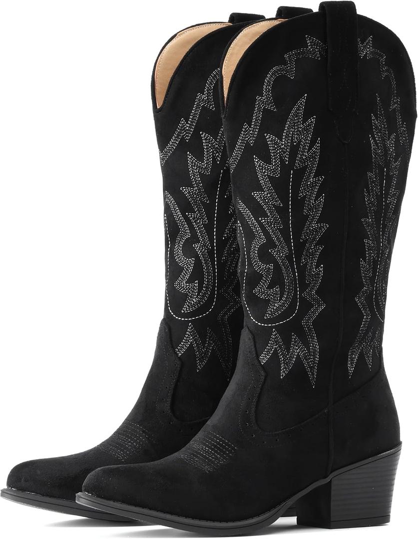 IUV Suede Cowboy Boots For Women Chunky Heel Pointed Toe Cowgirl Boots Mid Calf Western Embroidery fall Boot 9.5