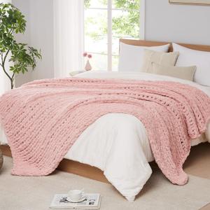 L'AGRATY Chunky Knit Blanket Throw - Soft Chenille Yarn Throw Blanket 60x80, Handmade Thick Cable Knit Crochet Blanket - Large Knit Blanket Chunky Rope Knot Throw Blanket for Couch Sofa Bed Home Decor (Pink)