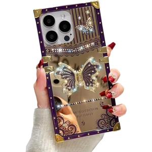 Cute Compatible with iPhone 13 Pro Max Case with Luxury Bling Glitter Butterfly Foldable Stand Kickstand,Glitter Soft PC Mirror Slip-Resistant Bumper Protective Cover for Women & Girls(Purple)