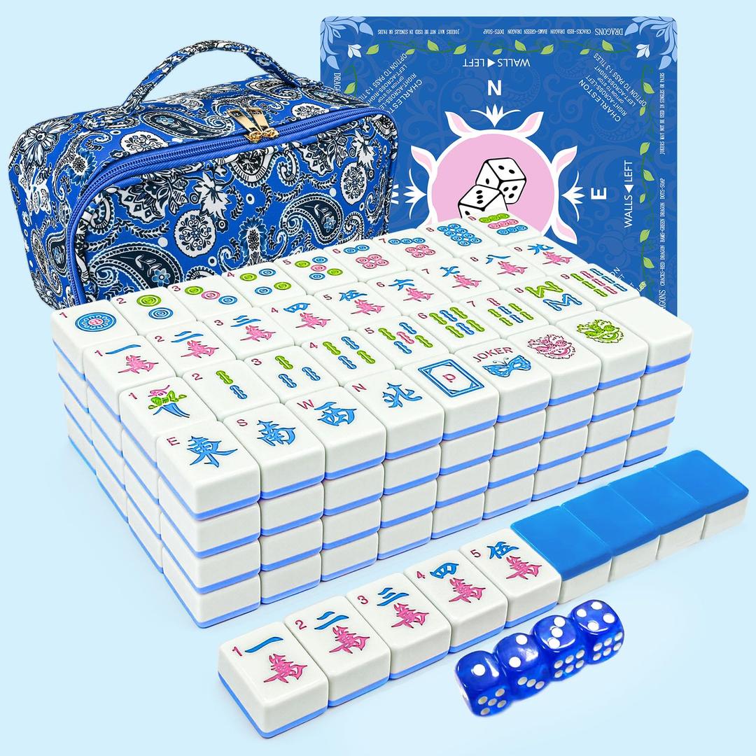 Gartu American Mahjong Tile Set, 166 White Tiles (1.2”), Mahjong Tile Set with Carrying Bag, Dice, Mat, Cute Mini Tiles, Portable Travel Complete Game Set for Home Outdoor, Gift for Enthusiasts