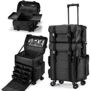 Costravio Travel Makeup Bag, Cosmetology Case on Wheels, 2 IN 1 Hair Tool Organizer, Rolling Nail Organizer Train Case, Large Cosmetic Trolley Suitcase for MUA/Hairstyling/Home-care/Groomer, Black