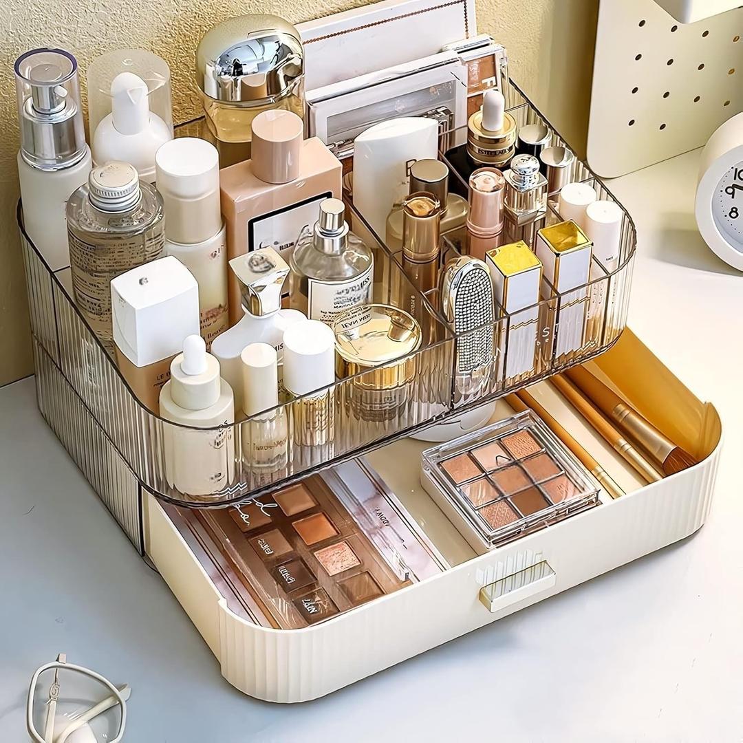 Makeup Organizer with Drawer, Stackable Cosmetic Organizer for Vanity and Bathroom Countertop, Clear Storage for Perfume, Skincare, Lipstick and Brushes, Cream White