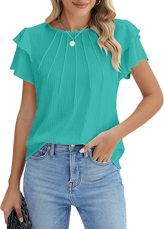 Blooming Jelly Women Dressy Casual Tops Business Work Blouses Summer Shirts Short Sleeve Crew Neck Outfits 2025 (M, Pool Blue)