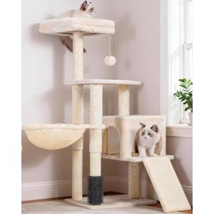 Heybly Cat Tree with Cat Self Groomer Brush, Cat Tower Condo for Indoor Cats with Padded Plush Perch, Cat House with Basket Scratching Board Post, Beige HCT005SM (42.5 inch)