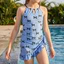 ODASDO Girls Swimsuit One Piece Bathing Suit with Cover Up Skirt for 8-12Y (Blue, S)
