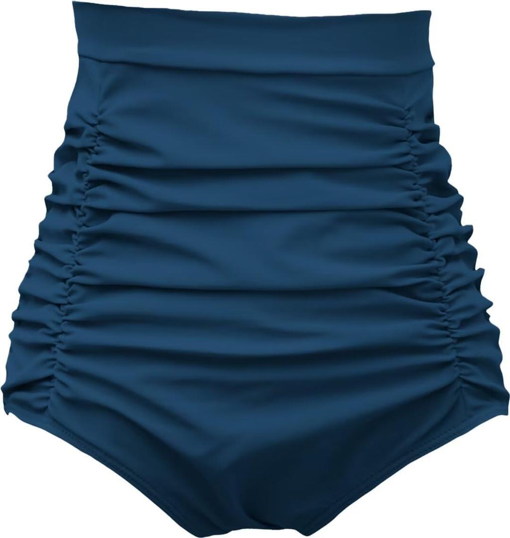 COCOPEAR Women's Ruched High Waisted Bikini Bottom Retro Vintage Swim Short Tankinis (X-Large, Dark Blue)