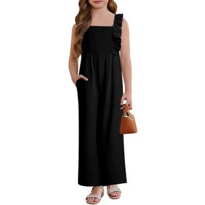 Girls Jumpsuit Ruffle Sleeveless Smocked Wide Leg Romper One Piece Summer Outfits with Pockets ((14Y-15Y)3XL, Black)