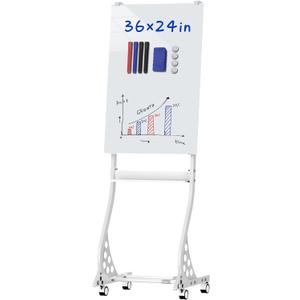 Mobile Glass Whiteboard, 24 x 36 inch Glass Board/w Height Adjustable, Large Portable Dry Erase Board with Stand and Wheels for Home, Office,Classroom &School, White