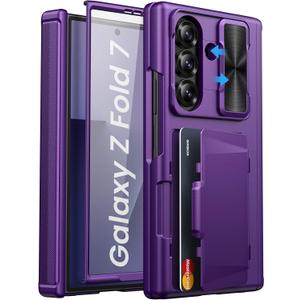 for Samsung Galaxy Z Fold 7 Wallet Case, Built-in Hinge Protection & Slide Camera Lens Cover & Card Holder & Screen Protector, Full Body Protective Hard Phone Case for Samsung Z Fold 7, Purple