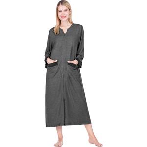 PAVILIA Premium Womens Robe Housecoat, 3/4 Sleeves Zip Up Nightgown For Women Pockets, Soft Bathrobe Zipper Loungewear Dress, Size S/M (Gray)