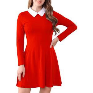 Aphratti Women's Long Sleeve Fall Dresses 2025 Casual Peter Pan Collar A Line Fit and Flare Skater Goth Dress (Red), Size: X-Large