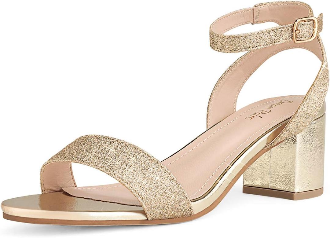 DREAM PAIRS Women's Open Toe Ankle Strap Low Block Chunky Heels Sandals Party Dress Pumps Shoes (6, Gold/Glitter)