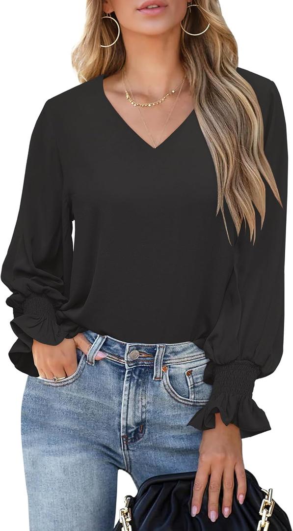 Aifer Womens Blouses Dressy Casual Tops V Neck Ruffle Balloon Long Sleeve Shirts Elegant Business Casual Outifts (Black, S)