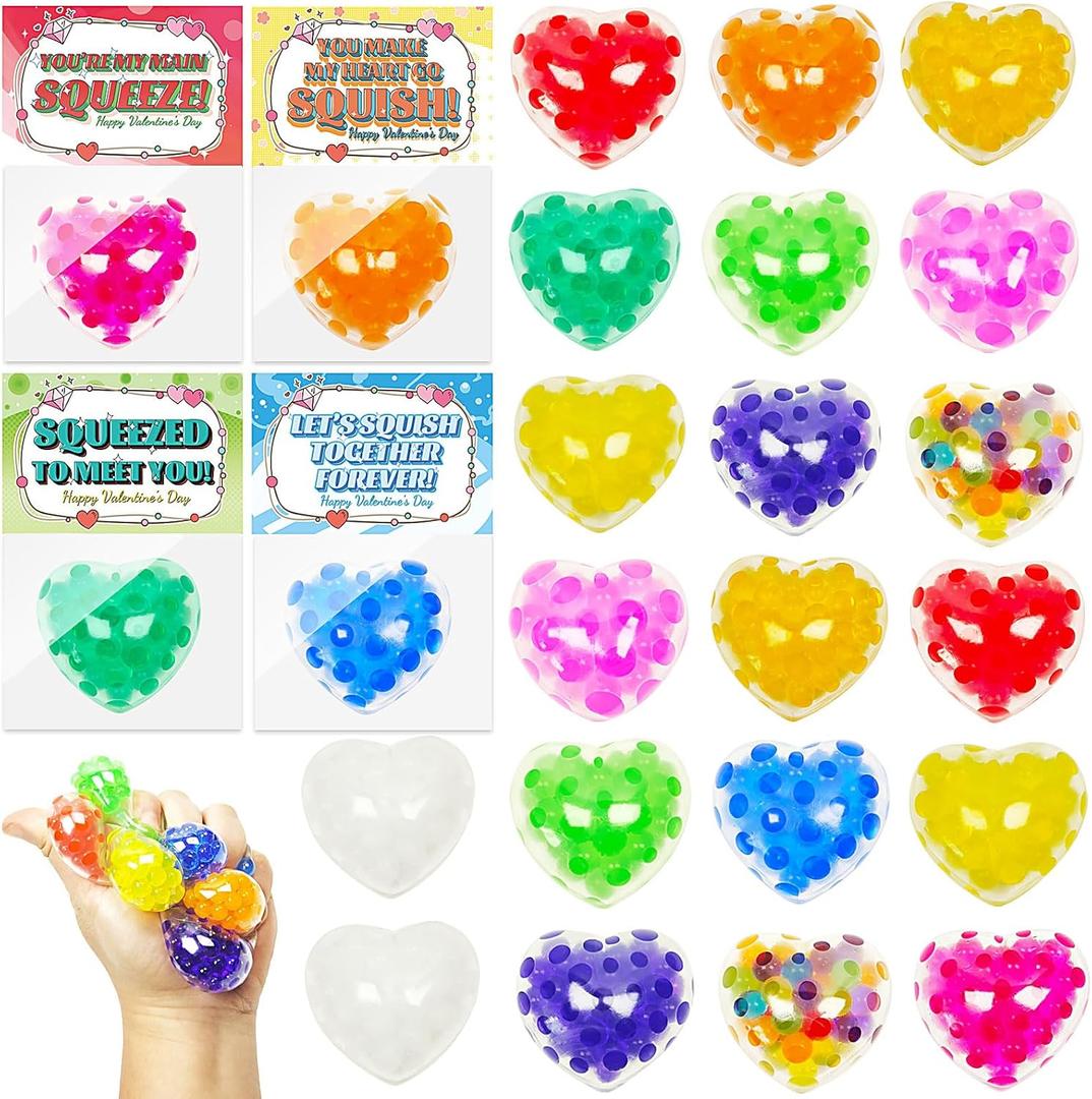 24 Pack Valentines Day Gift Cards for Kids with Heart Shape Squishy Toys, Valentine Exchange Gift for Boys Girls Toddlers Classroom School Party Favor