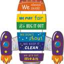 Rocket Shape Wooden Sign,Welcome to Our Playroom Door Hanger,Playroom Rules Wall Hanging,Classroom Door Decor,Colorful Motivational Quote Sign for Kids Child School Classroom Bedroom Porch