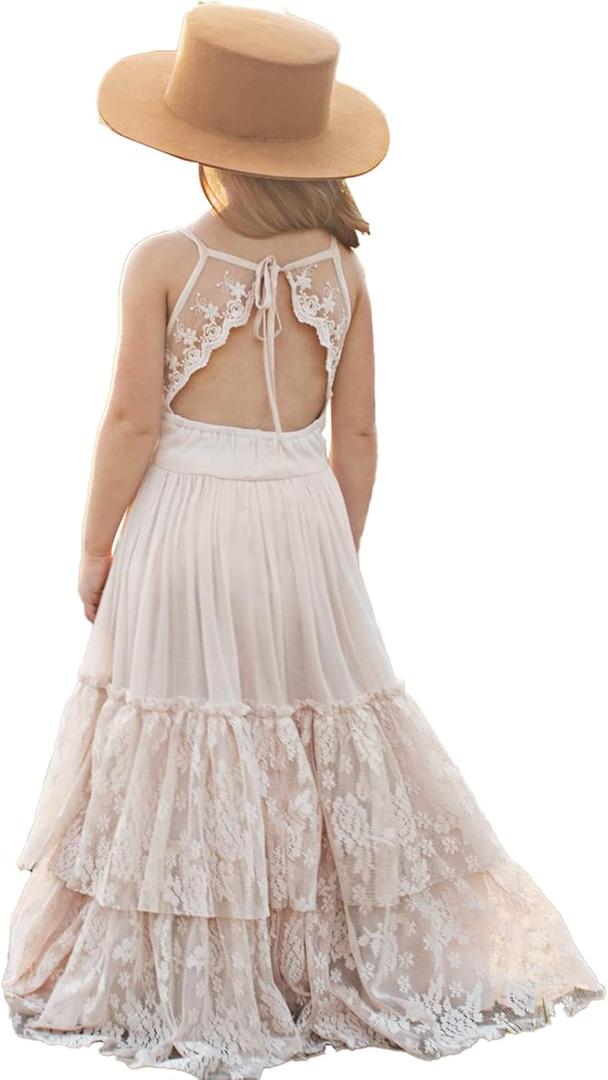 BIBIHOU Girls Kids Lace Back Full-Length Backless Tulle Party Holiday Formal Flower Girl Dress (Beige, M)