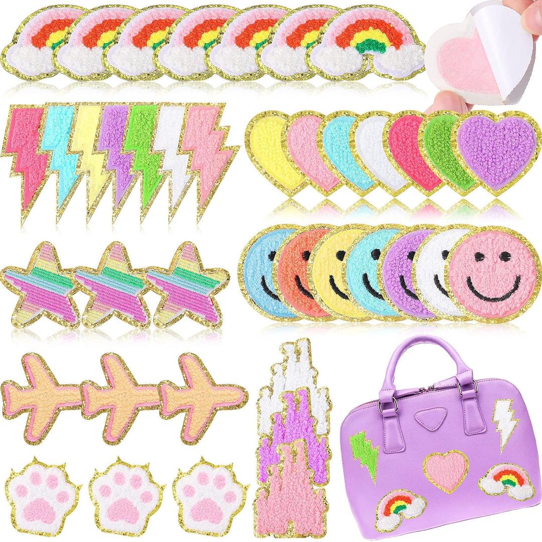 Yilloog 40 Pcs Self Adhesive Chenille Patches Colorful Cute Chenille Embroidered Patches Glitter Chenille Patches Sticker Applique for Clothing Fabric Jacket DIY Backpack Repair Decor(Cute)