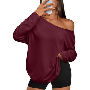 Trendy Queen Womens Off The Shoulder Tops Oversized Tshirts Long Sleeve 2025 Casual Basic Tees M