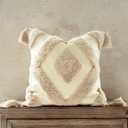 Woven Tufted Boho Throw Pillow Cover, Modern Decorative Geometric Diamond Chevron Square Cushion with Tassels, Farmhouse Tribal Pillowcases for Couch Sofa Bedroom Living Room, 18 x 18 Inches, Ivory