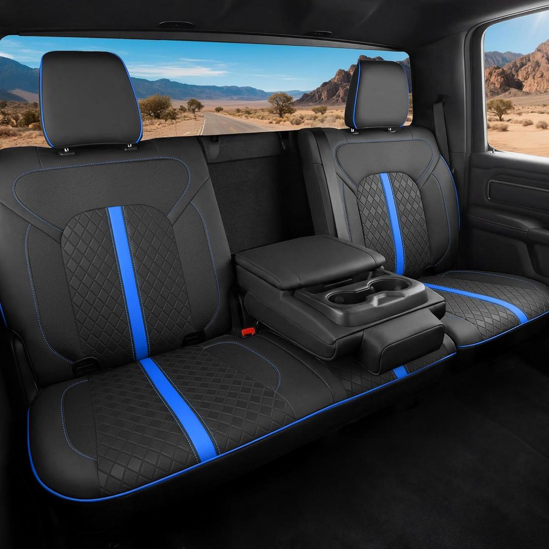 for Dodge Ram Leather Seat Covers, 2019-2025 Crew Cab 1500 Long Horn Laramie Limited RHO, Custom Truck Seat Cover Full Set, Pickup Protectors Accessory, Black Blue (40/20/40 Split Flat Bench)