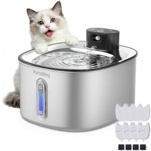 PartsBling Cordless Cat Water Fountain Stainless Steel, 4.2L/142oz Battery Operated Pet Fountain, Ultra Quiet Water Dispenser Cats&Dogs, 5000mAh Rechargeable, Easy to Clean, Includes 4 Filters, Black