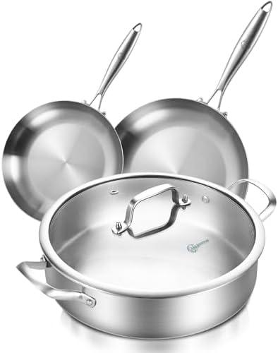 Amazon.com: LOLYKITCH 12 Inch Tri-ply Stainless Steel 5.5 QT Saut Pan and 8-10 Inch Frying Pan Set of 3,Induction Cookware,Dishwasher and Oven Safe.: Home & Kitchen