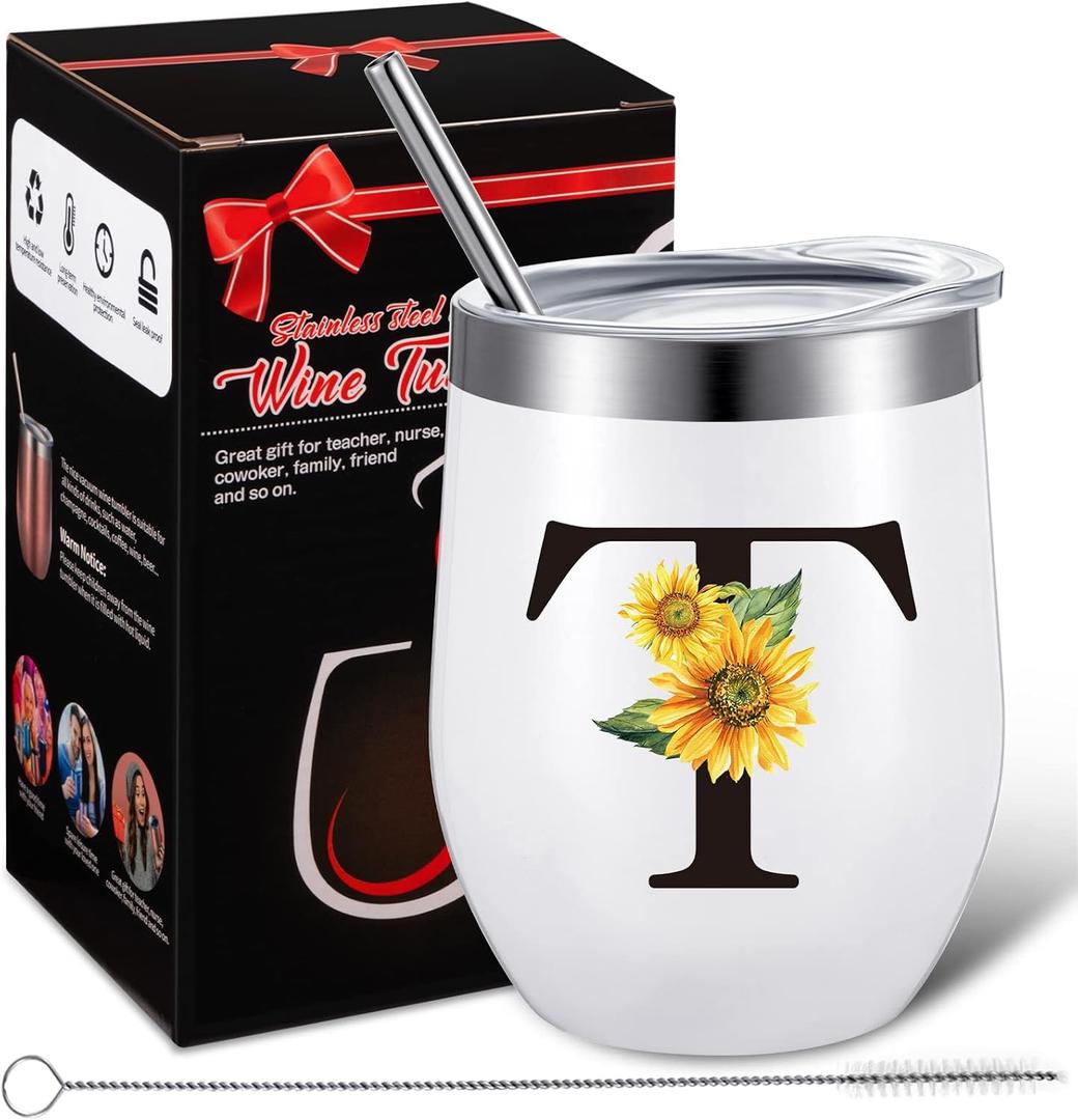 Zopeal Funny Personalized Coffee Mug Cup with Initials, Monogrammed Gift for Women Mom Teacher Birthday Christmas Wedding, 12 oz Stainless Steel Wine Tumbler with Brush Straw Gift Box(T)