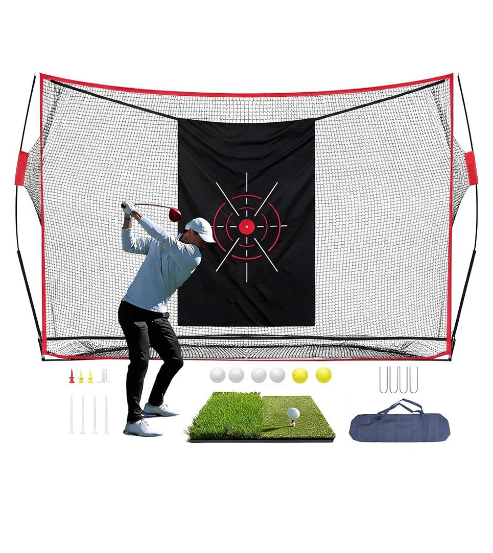 Golf Net,10x7FT Heavy Duty Golf Practice Net,Backyard Training EquipmentDual-Turf Mat,6 golf Balls,8 golf Tees,Carry Bag