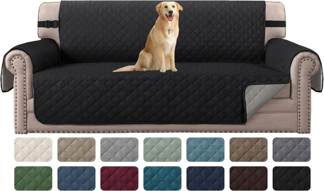 H.VERSAILTEX Water Resistant Couch Cover for 3 Cushion Couch Reversible Sofa Slipcover Quilted Furniture Protector with Elastic Strap Non Slip Sofa Cover for Dogs Pets(Sofa, Black/Grey)  22"D x 66"W x 33"H