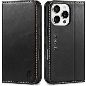 SHIELDON Genuine Leather Wallet Folio Case for iPhone 16 Pro 6.3", [Magnetic Closure] [RFID Blocking Card Slot] [Kickstand] Full Protection Compatible with iPhone 16 Pro 2024 - Retro Black
