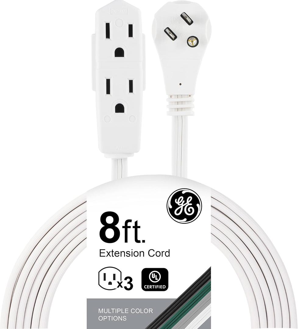GE 3-Outlet Flat Extension Cord 8 Ft Grounded Extension Cord with Multiple Outlets 3 Prong Outlet Extender Flat Plug Indoor Power Strip 16 Gauge UL Listed White 50251