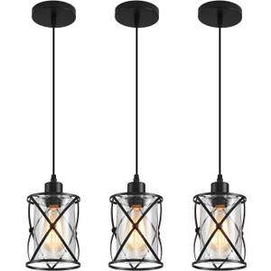 3 Lights Industrial Pendant Light with Glass Shade Matte Black Pendant Lighting Adjustable Industrial Retro Style Hanging Light,Kitchen Island Farmhouse Pendant Lights Fixtures for Kitchen,Farmhouse