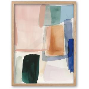 iHery Natural OAK Wood Abstract Geometric Framed Wall Art, Large 16x20 in Contemporary Minimalist Blue Black Canvas Wall Decor, Harmony Geometry Artwork Set of 1 For Bedroom Living Room Bathroom