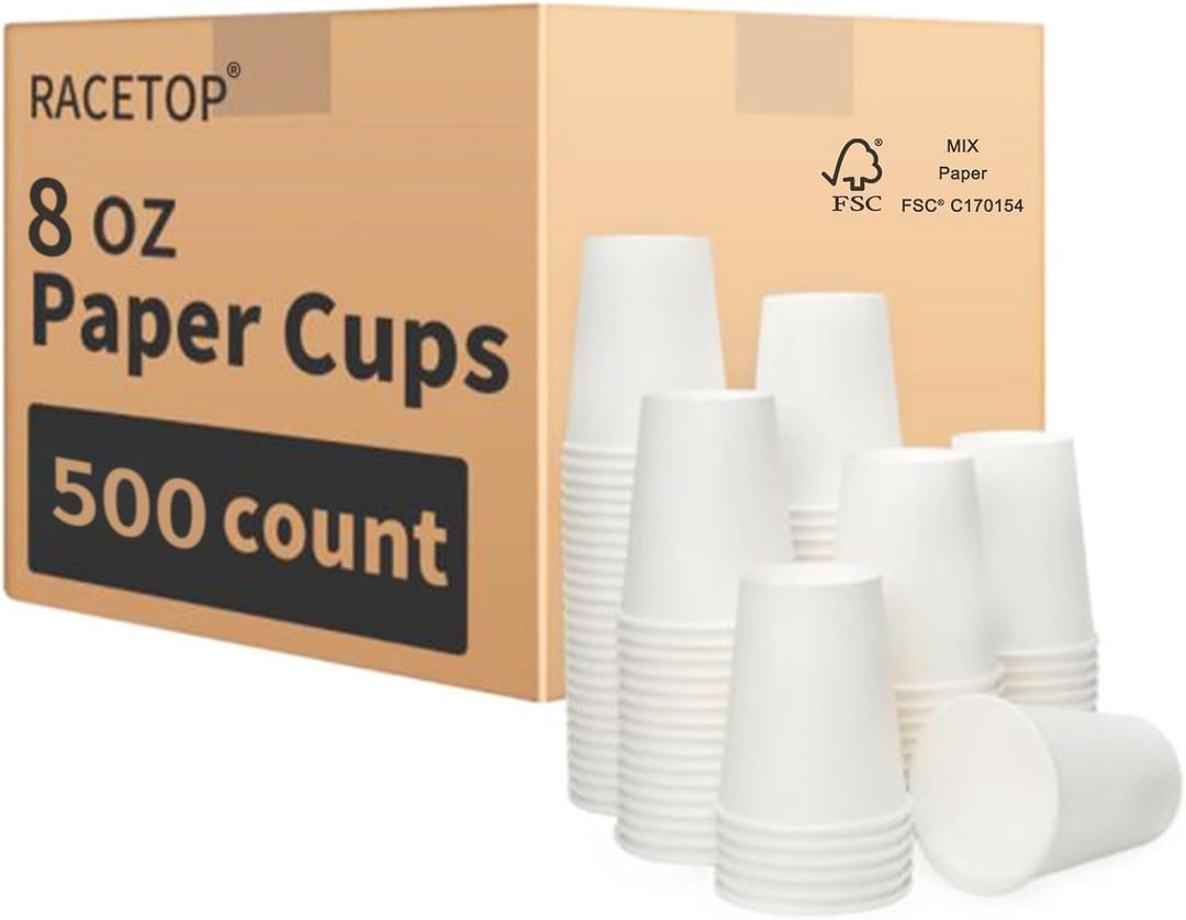 RACETOP 8 oz Disposable Coffee Cups 500 pack, Hot Coffee Cups 8 oz, Ideal for Office, Home, Party(500 pack) (White)