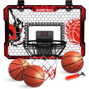 Over The Door Basketball Hoop, 2025 Upgrade Indoor Basketball Hoop with LED Lights and Scoreboard, Includes 3 Balls & Pump, Toys Gifts for3 4 5 6 7 8 9 10 11 12 Year Old Boys - Mini Basketball Hoop